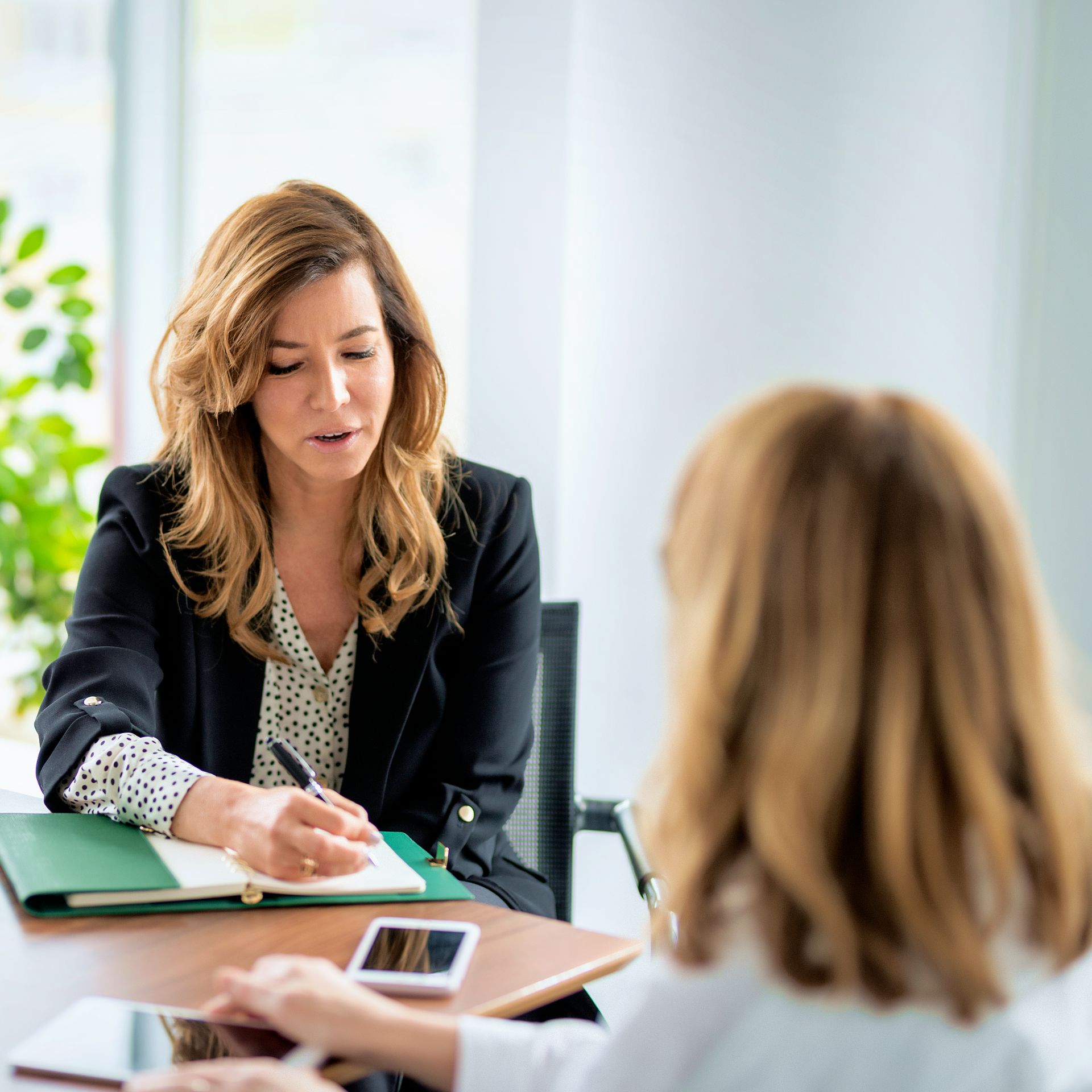 Two women engaged in a professional meeting in a bright office.