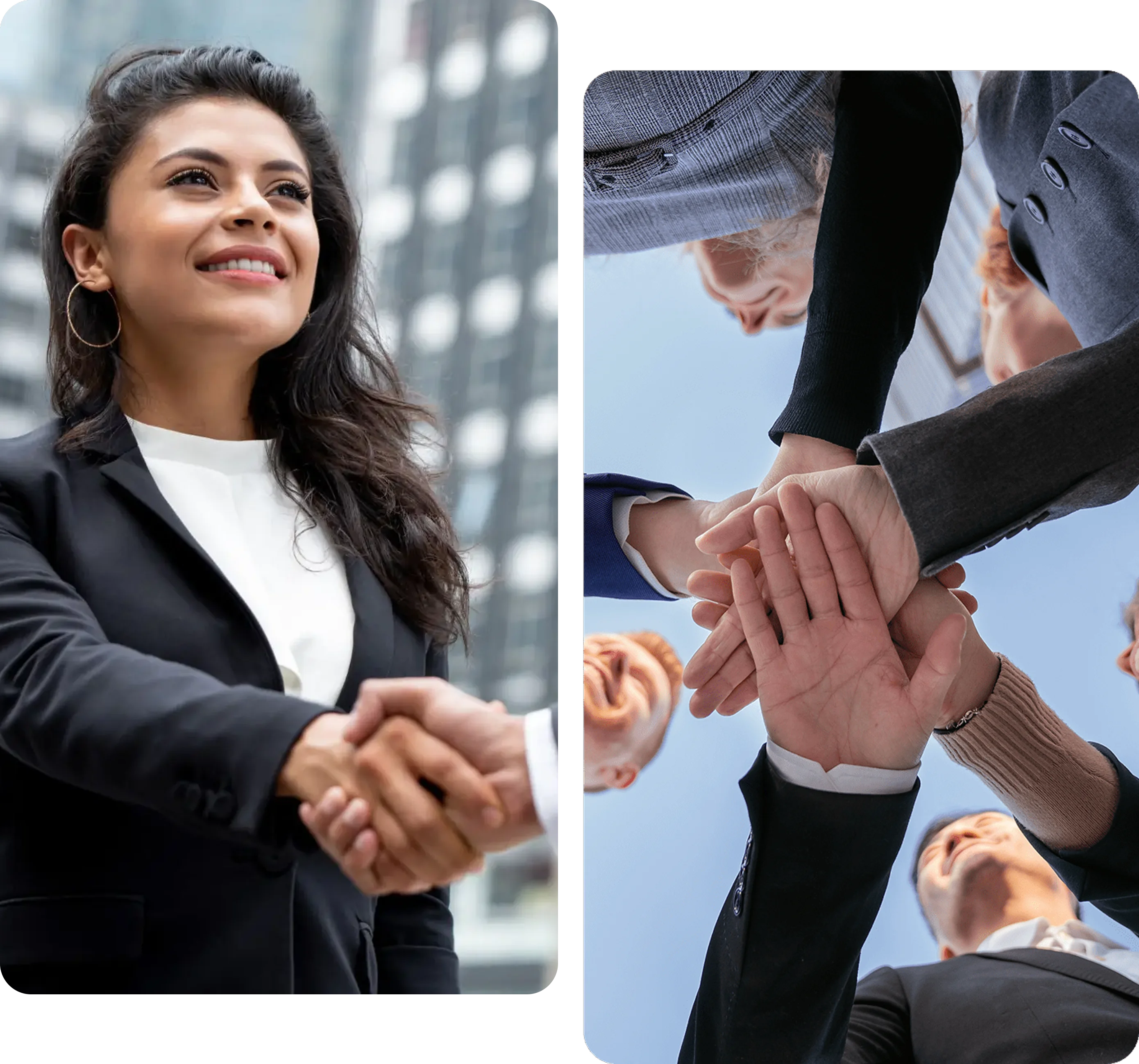 Confident businesswoman shaking hands with colleagues showing teamwork.