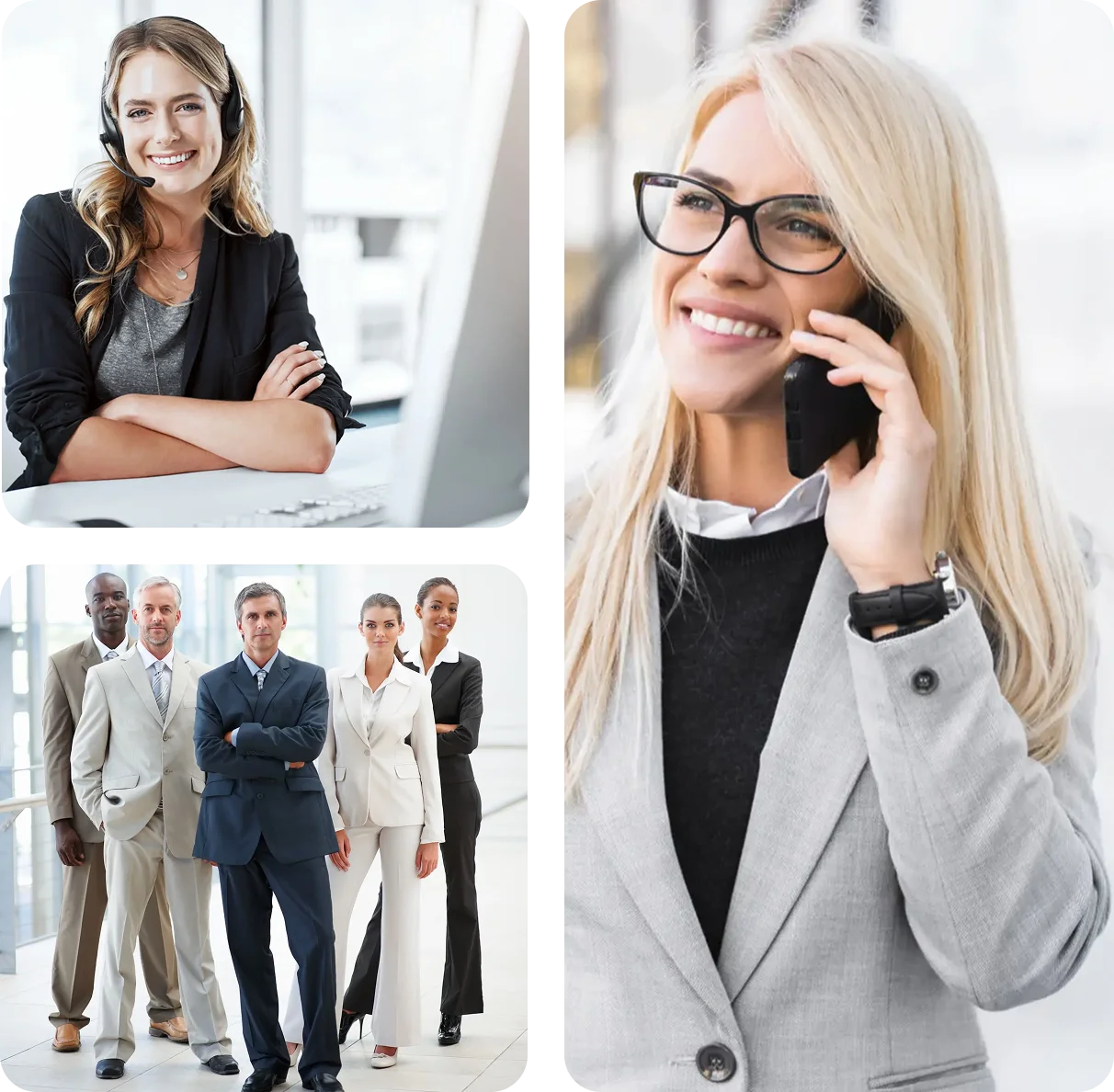 Confident business professionals in diverse team settings.